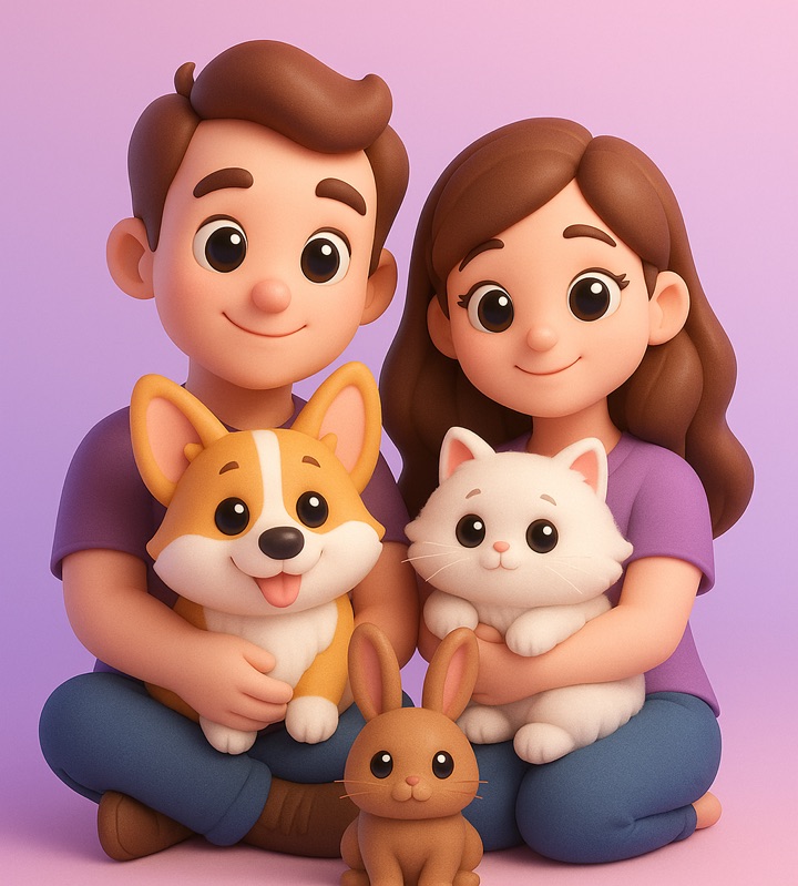 Hai bạn trẻ ôm chú chó corgi, mèo trắng và thỏ nâu