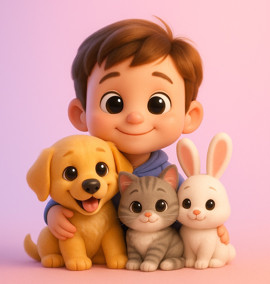 Cậu bé ôm chú chó, mèo và thỏ