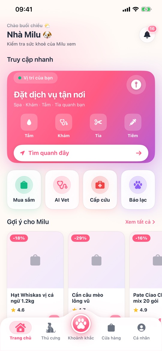 Màn hình Trang chủ với lối tắt đặt dịch vụ tận nơi: tắm, khám, tỉa, tiêm